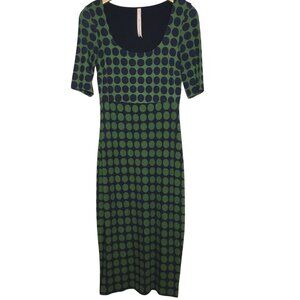 Anthropologie Bailey 44 Green Blue Polka Dot Stretch Midi Dress XS Workwear USA